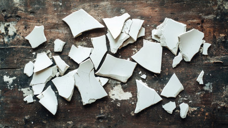 A collection of broken white ceramic shards scattered on a textured dark wooden surface. The image captures the beauty of fragmentation and chaos in a minimalistic style.の素材