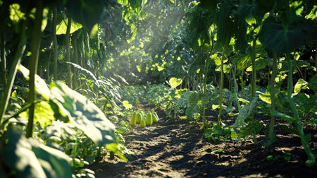A serene moment captured in a vibrant vegetable garden, with sunlight filtering through lush green foliage creating a tranquil atmosphere.の素材