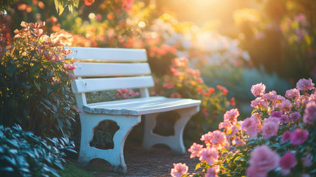 A tranquil garden scene featuring a white bench surrounded by vibrant flowers, illuminated by warm sunlight at sunset, evoking peace and relaxation.の素材