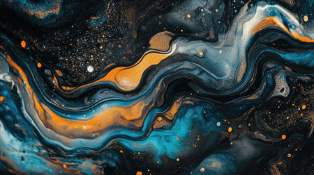 This captivating abstract artwork features swirling patterns of blue, gold, and orange, creating a dynamic interplay of colors that evoke a sense of movement and depth.の素材