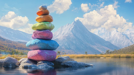 A vibrant arrangement of colorful stacked stones stands by a serene lake surrounded by majestic mountains, offering a tranquil glimpse into nature's beauty.の素材