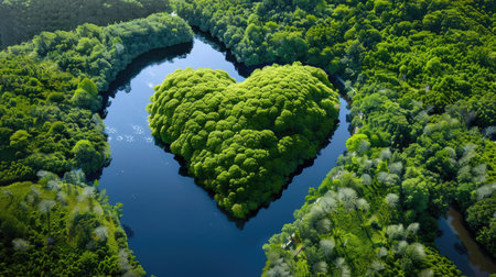 This stunning aerial photograph captures a heart-shaped island formed by lush green trees, surrounded by tranquil waters, showcasing the beauty of nature and harmony.の素材