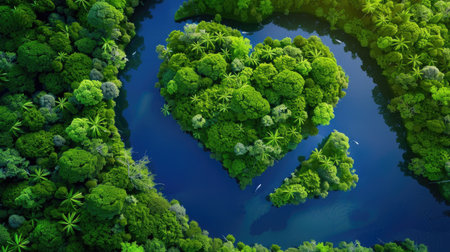 This stunning aerial image captures a lush tropical landscape with a heart-shaped formation of trees surrounded by serene blue water, embodying nature's beauty.の素材