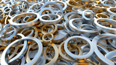 A visually striking close-up of metallic rings in various sizes creates an abstract pattern with a shiny surface, offering a modern and artistic feel perfect for creative projects.の素材