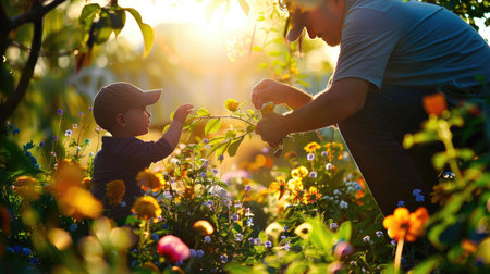 A touching moment captures an adult and child engaged in gardening, surrounded by colorful flowers and warm sunlight. This scene symbolizes growth and connection.の素材