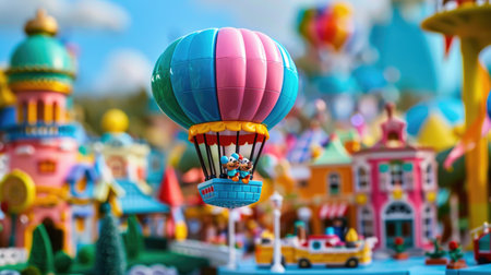 A captivating scene featuring a colorful hot air balloon soaring above a vibrant miniature town, filled with whimsical buildings and cheerful toys, inviting joy and adventure.の素材