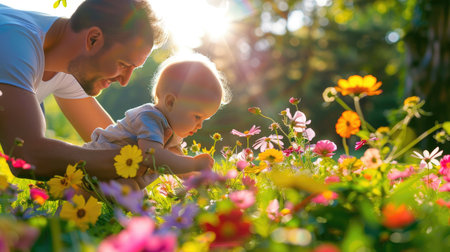 A heartwarming scene of a father and his baby joyfully exploring a vibrant flower field, surrounded by blooming colors under the beautiful sunlight.の素材