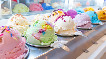 A vibrant display of various ice cream scoops showcases a delightful array of flavors, perfect for summer refreshment and indulgence.の素材