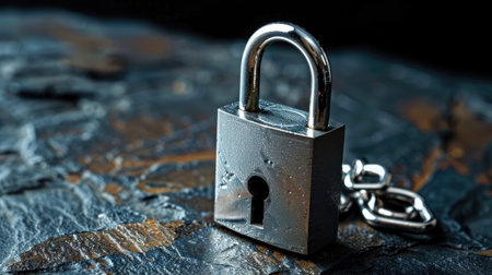 A close-up of a metallic padlock resting on a dark stone surface, symbolizing themes of security and protection while showcasing intricate details and textures.の素材