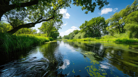 A picturesque river scene captures lush greenery and tranquil waters that reflect the vibrant blue sky and fluffy white clouds, creating a serene nature escape.の素材