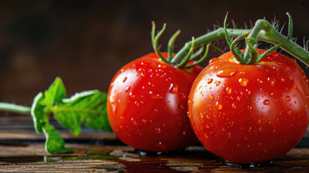 A stunning close-up image of fresh red tomatoes with water droplets resting on a wooden surface, highlighting their vibrant color and freshness. Perfect for culinary inspiration and healthy meal concepts.の素材