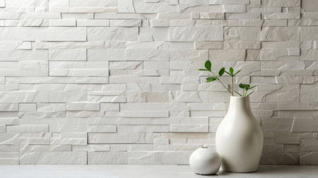 A stunning representation of minimalist elegance, this image showcases a textured stone wall adorned with white vases and a delicate green plant, emphasizing modern design principles.の素材