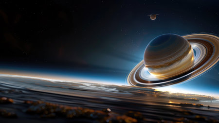 A stunning visualization of Saturn, showcasing its iconic rings and moons, bathed in soft light against the backdrop of the cosmos. Perfect for themes of exploration and wonder.の素材