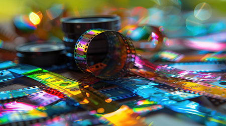 A vibrant composition featuring colorful film strips and camera lenses spread across a table, creating a playful and artistic atmosphere.の素材