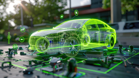 This image showcases a futuristic electric car featuring a transparent design with cutting-edge technology elements, highlighting innovation in urban mobility.の素材