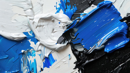 This artwork showcases a close-up of abstract paint patterns featuring vibrant blue hues and dynamic textures. The contrast against black creates a striking visual.の素材