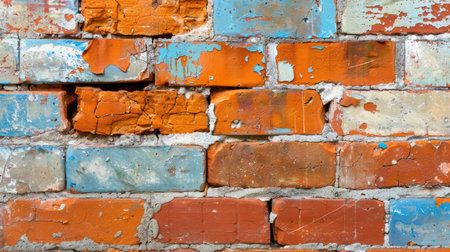 This image features a weathered brick wall with vibrant blue and orange paint peeling away, showcasing a rich texture and urban aesthetic perfect for various design needs.の素材