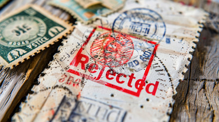 A vintage postcard featuring colorful stamps and a prominent "Rejected" mark set against a rustic wooden background. Ideal for creative projects.の素材