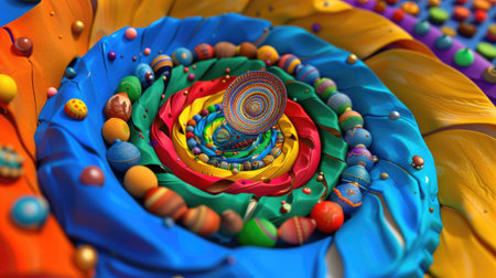 A captivating spiral design featuring vibrant paint swirls and decorative orbs. Perfect for artistic projects, backgrounds, or creative inspirations.の素材