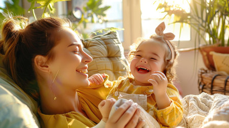 A heartwarming scene of a mother and her daughter laughing together in a sunlit room filled with plants, depicting love and joy in family life.の素材