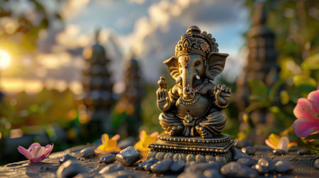 A beautifully crafted Ganesha statue bathed in the warm glow of sunset, surrounded by vibrant flowers and smooth stones, evokes serenity and spirituality.の素材