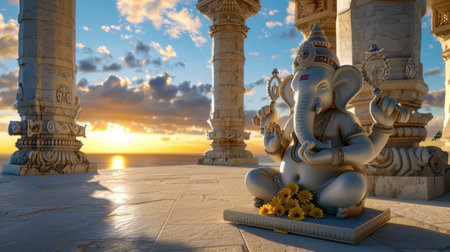 A stunning scene of a Ganesha statue at a temple during sunset, showcasing intricate details, vibrant flowers, and a serene atmosphere filled with light.の素材