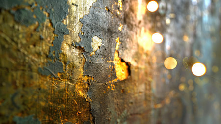 This captivating image features an abstract textured wall adorned with golden highlights, complemented by soft bokeh lights in the background, perfect for modern artistic designs.の素材