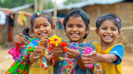 Three joyful children wearing vibrant traditional attire hold colorful handmade crafts while celebrating a festival, radiating pure happiness and friendship.の素材