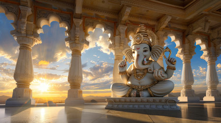 A stunning scene capturing a statue of Lord Ganesha at sunset in a majestic temple setting, radiating tranquility and spiritual beauty, inviting reflection and peace.の素材