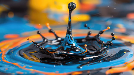 A stunning close-up captures a paint droplet creating ripples in a vibrant blue and orange liquid, showcasing dynamic motion and vivid colors that evoke creativity and beauty.の素材