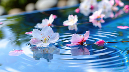 A peaceful scene featuring delicate cherry blossom flowers gently floating on a tranquil water surface, creating ripples and reflections.の素材