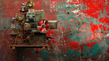 An intriguing vintage mechanical device appears prominently against an abstract, colorful distressed metal wall. The rich textures and bold colors enhance its artistic appeal, capturing the essence of industrial history.の素材