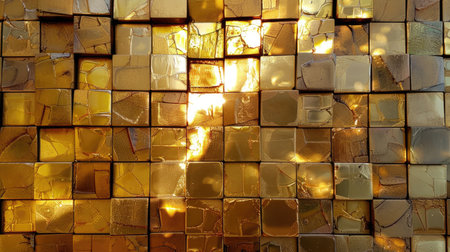 This image showcases a stunning abstract design of glimmering gold mosaic tiles. The reflective surfaces create a warm and inviting atmosphere, perfect for various artistic applications.の素材