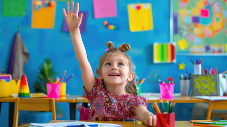 A joyful child enthusiastically raises her hand in a vibrant classroom filled with colorful art supplies, showcasing the spirit of learning and creativity.の素材
