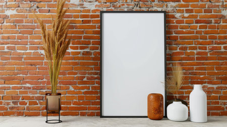 A minimalist interior scene featuring a blank frame and decorative vases, with a rustic brick wall as the backdrop, creating a warm and inviting atmosphere.の素材
