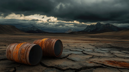 A striking view of two abandoned rusty barrels on dry cracked earth with a dramatic stormy sky. This atmospheric photograph captures the essence of desolation and environmental degradation.の素材