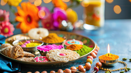 A beautifully arranged tray featuring traditional sweets, vibrant colors, and decorative elements, perfect for festive celebrations and cultural events.の素材