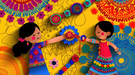 Two cheerful girls are engaged in a colorful craft activity, showcasing vibrant patterns and floral designs in a lively and artistic environment.の素材