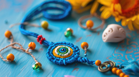 Explore a vibrant collection of handcrafted blue beaded jewelry featuring intricate designs and natural elements, beautifully arranged on a colorful background.の素材