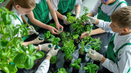 A vibrant classroom scene where students actively participate in gardening, nurturing herbs, and learning sustainable practices. Ideal for educational campaigns.の素材