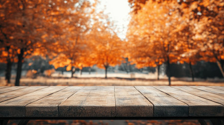 A rustic wooden table sits in the foreground, surrounded by vibrant autumn foliage. The warm colors of fall enhance the peaceful outdoor atmosphere, perfect for relaxation.の素材