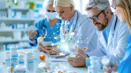 A scene showcasing medical professionals engaged in collaborative pharmacy work. Technological elements highlight the intersection of healthcare and innovation, making it vital for effective patient care.の素材
