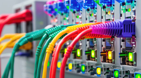 Vibrant Ethernet cables connect to a network switch, highlighting data connectivity in a modern data center. Brightly lit indicators enhance the visual appeal.の素材