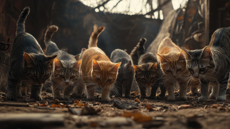 A captivating image of cats in an abandoned setting, showcasing their playful curiosity. The warm tones and soft lighting enhance the serene atmosphere, inviting viewers to appreciate these beautiful felines.の素材