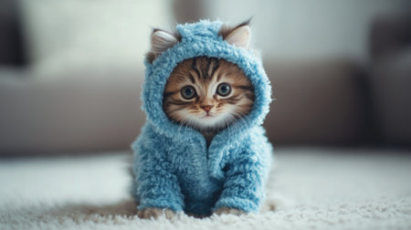 This captivating image features an adorable kitten wearing a soft blue hoodie, showcasing its charming personality and expressive eyes in a cozy indoor setting.の素材