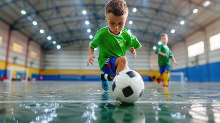 A young boy in a bright green uniform is intensely focused while dribbling a soccer ball on a polished indoor court, showcasing passion and energy for sports.の素材