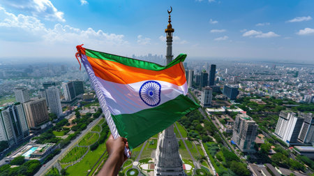 A hand proudly waves the Indian flag against a stunning urban skyline, showcasing the blend of modern architecture and lush greenery below.の素材
