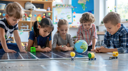 A vibrant classroom scene featuring children engaged in an educational activity, exploring geography and sustainability through play with a globe and solar panel model.の素材