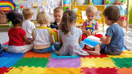 A vibrant classroom scene with children engaged in a group reading activity on a colorful play mat. The bright environment fosters creativity and teamwork.の素材