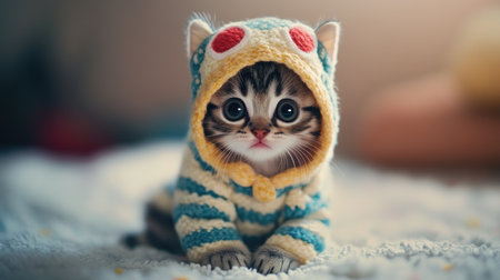 This image features an adorable kitten dressed in a cozy striped sweater with playful polka dots. The charming expression and big round eyes evoke feelings of joy and warmth, making it an ideal representation of cuteness and innocence in a domestic setting.の素材